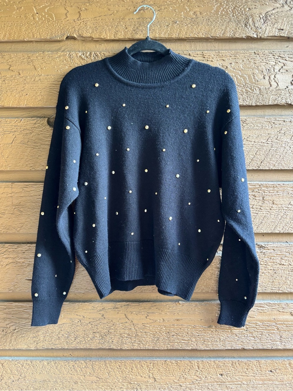Gold-Stud Mock Neck Sweater - Black